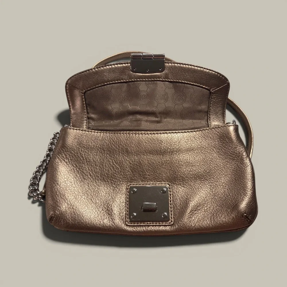 Michael Kors Rose Gold Metallic Leather Shoulder Bag Chain Strap Push Lock Small